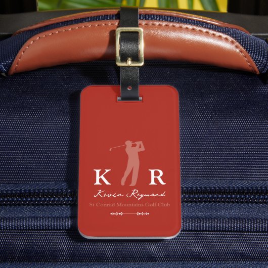 Golfspieler Cool Klassisch Monogramm Rot Gepäckanhänger (Vorderseite Insitu 2)