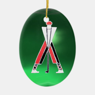 GOLFSPIELER, GOLFER RED RUBY, GREEN EMERALD MONOGR KERAMIK ORNAMENT