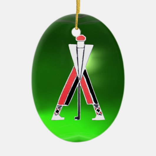GOLFSPIELER, GOLFER RED RUBY, GREEN EMERALD MONOGR KERAMIKORNAMENT (Vorne)