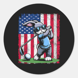 Golfspieler-Hase-Oster-Ei-Golfer-Amerikanische-Fla Runder Aufkleber