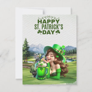 Golfspieler mit Bier und Kleeblatt zum St. Patrick Feiertagskarte