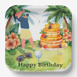 Golfspieler mit Kuchen auf dem Golfplatz zum Gebur Pappteller