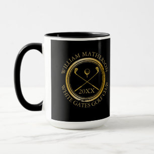 Golfspieler und Club Name Datum Schwarz und Gold Tasse