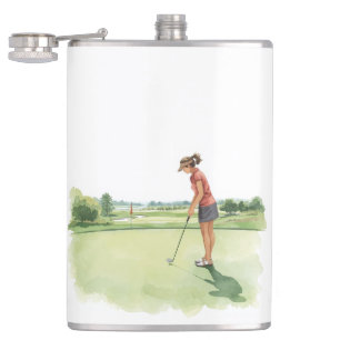 Golfspielerin beim Golfspielen auf dem Grün putten Flachmann