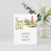 Golfspielerin golfend auf Grün Postkarte (Stehend Vorderseite)