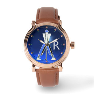 GOLFSPIEMONOGRAM, STYLIZIERTER WEISSER BLAUER GOLF ARMBANDUHR