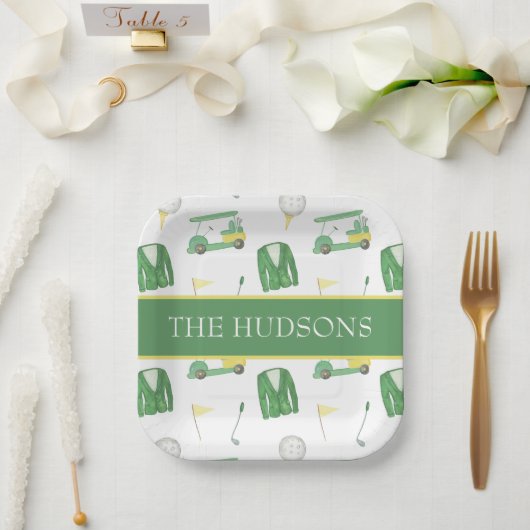 Golfturnier in Aquarellgrün und Gelb Pappteller (Hochzeit)