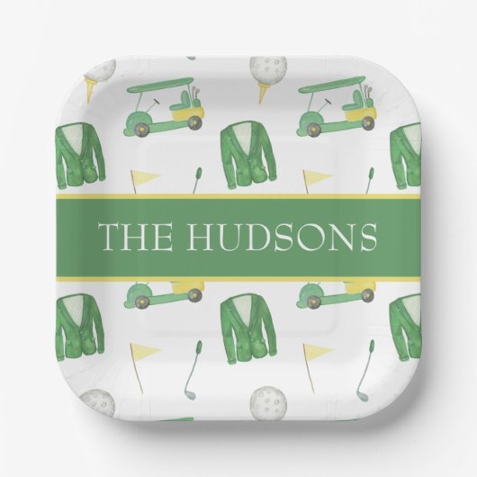 Golfturnier in Aquarellgrün und Gelb Pappteller (Vorderseite)