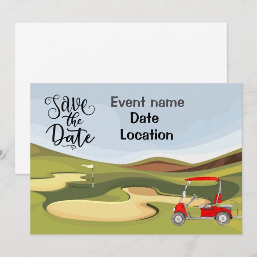 Golfwagen auf Golfplatz Party Einladung Golfer (Vorne/Hinten)