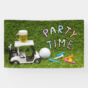 Golfwagen mit Ball und Bier für Golfer Party Zeit Banner