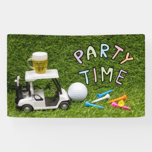 Golfwagen mit Ball und Bier für Golfer Party Zeit Banner (Horizontal)