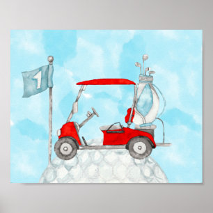 Golfwagen mit Golf Ball und Golf Flagge Wasserfarb Poster