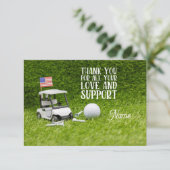 Golfwagen mit Golfball und amerikanische Flagge Da Dankeskarte (Stehend Vorderseite)