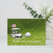Golfwagen mit Golfball und amerikanischer Flagge Dankeskarte (Stehend Vorderseite)