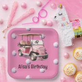 Golfwagen mit Kugel überall auf rosa für Golfer Pappteller (Party)