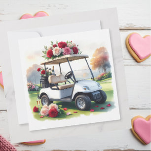 Golfwagen mit roten Rosen auf grünem Gras Valentin Feiertagskarte
