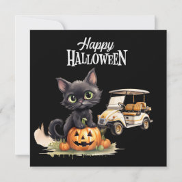 Golfwagen mit schwarzer Katze zu Halloween Feiertagskarte