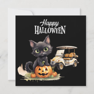 Golfwagen mit schwarzer Katze zum Halloween-Tag Feiertagskarte
