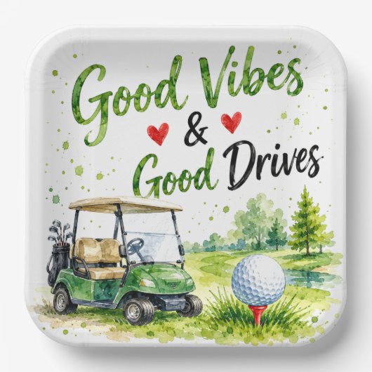 Golfwagen und Ball auf dem Golfplatz Pappteller (Vorderseite)