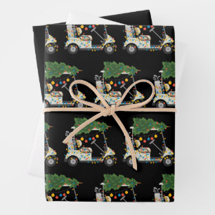 Golfwagen Weihnachtsbaum Lichter Xmas Sport Golfer Geschenkpapier Set