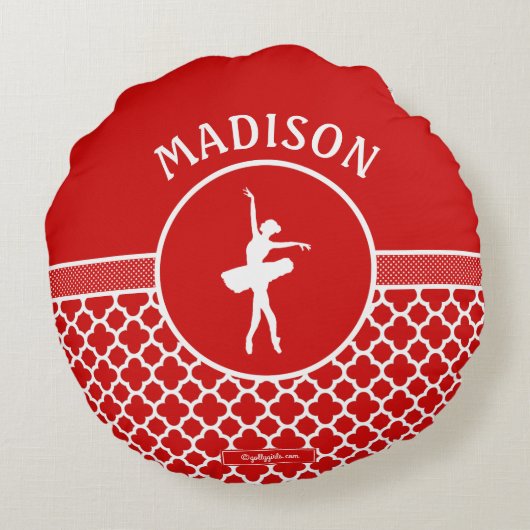 Golly Girls Red Quatrefoil und Polka Dots Dancer Rundes Kissen (Rückseite)