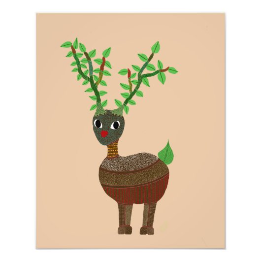 Gond Reindeer Indian Folk Art Digital Red Fotodruck (Vorne)