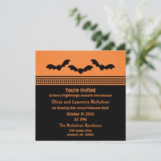 Gone Batty Halloween-Party Invite, Orange Einladung (Stehend Vorderseite)