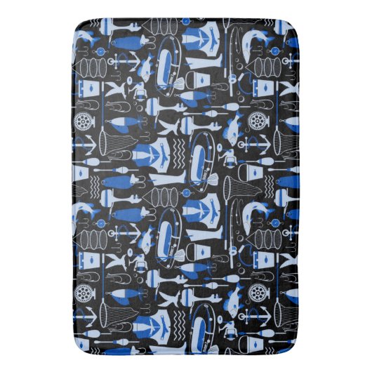 Gone Fishing Blue Pattern Badematte (Vorderseite Vertikal)