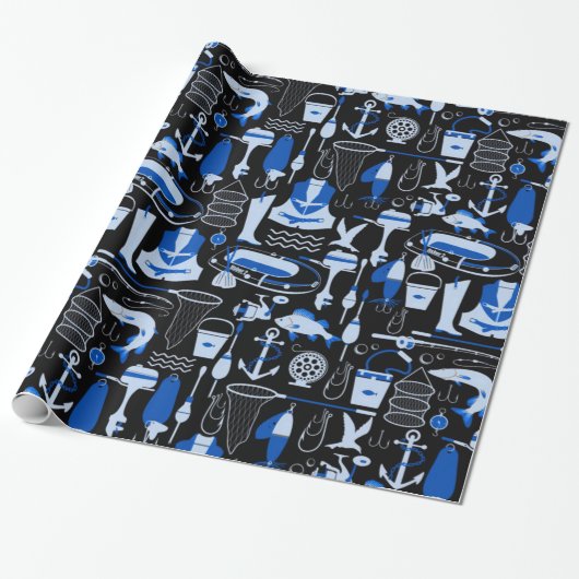 Gone Fishing Blue Pattern Geschenkpapier (Ungerollt)
