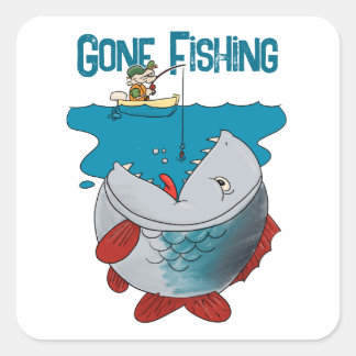 Gone Fishing Gewartet für den großen Cartoon der F Quadratischer Aufkleber
