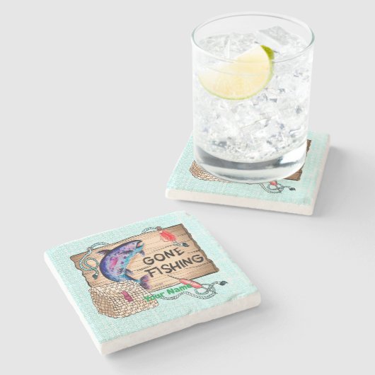 Gone Fishing-Sitte Steinuntersetzer (Seitenansicht)