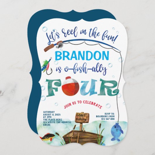 Gone Fishing Vierter Geburtstag kleine Fischer Einladung (Vorne/Hinten)