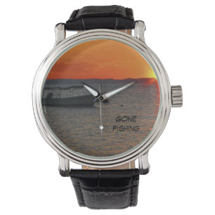 Gone Fishing Wrist Watch, Black Leather Strap Armbanduhr