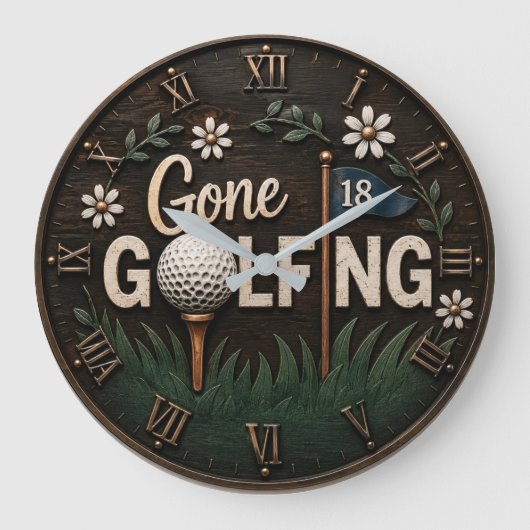 Gone Golfing Rustic Floral Golfer Gift Große Wanduhr (Vorderseite)