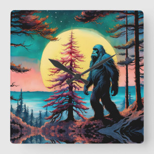 Gone Squatchin' farbenfrohe Sasquatch Landschaft Quadratische Wanduhr