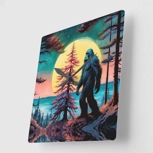 Gone Squatchin' farbenfrohe Sasquatch Landschaft Quadratische Wanduhr (Winkel)