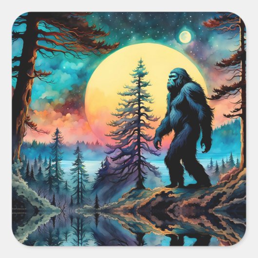 Gone Squatchin' farbenfrohe Sasquatch Landschaft Quadratischer Aufkleber (Vorderseite)