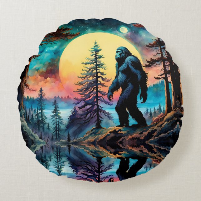 Gone Squatchin' farbenfrohe Sasquatch Landschaft Rundes Kissen (Vorderseite)