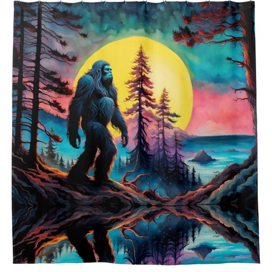 Gone Squatchin' farbenfrohe Sasquatch Nachtlandsch Duschvorhang (Vorderseite)