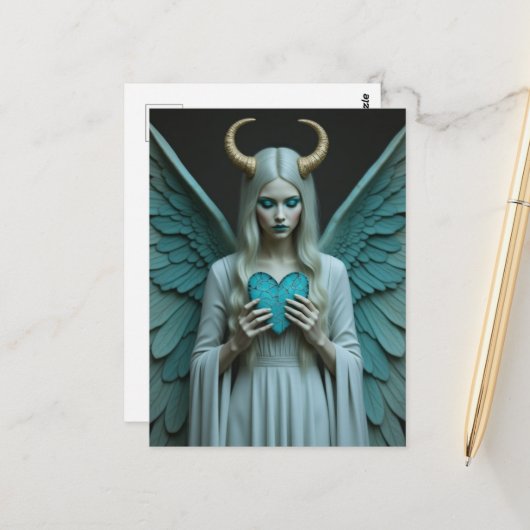 Good and Evil holding a turquoise heart  Postkarte (Vorderseite/Rückseite Beispiel)