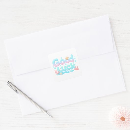 Good Luck Glossy Ocean Pastel Text Quadratischer Aufkleber (Umschlag)