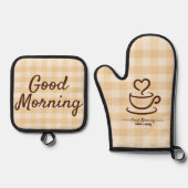 Good Morning Pot Holdings & Oven Mitt - Beige Karo Ofenhandschuh & Topflappen-Set (Vorderseite)