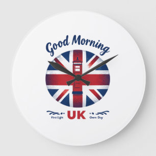 Good Morning UK - Union Jack & London Phone Box Große Wanduhr