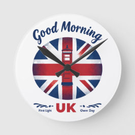 Good Morning UK - Union Jack & London Phone Box Runde Wanduhr