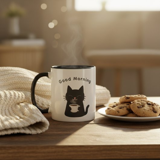 Good Morning with Cute Black Cat Coffee Tasse