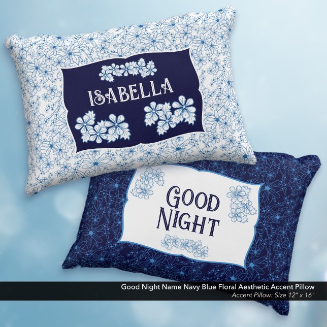 Good Night Name Navy Blue Floral Aesthetic Dekokissen (Good Night Navy Blue Floral Aesthetic Accent Pillow–Personalized with Your name.)