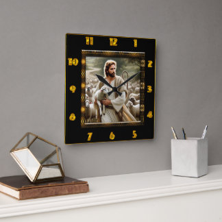 Good Shepherd John 10:7 Friedlich Shepherd Scene Quadratische Wanduhr
