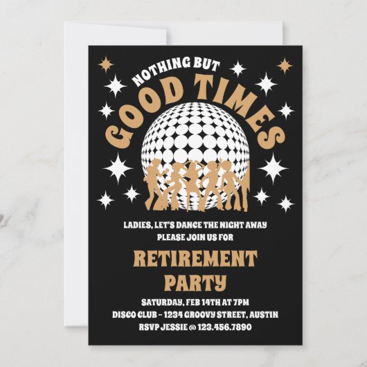 Good Times Groovy Black and Gold Retirement Party Einladung (Vorderseite)