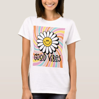 Good Vibes com Flor Sorridente Estampa Psicodélico T-Shirt