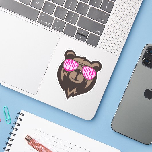Good Vibes Funny Bear Stickers Aufkleber (Laptop mit iPhone)